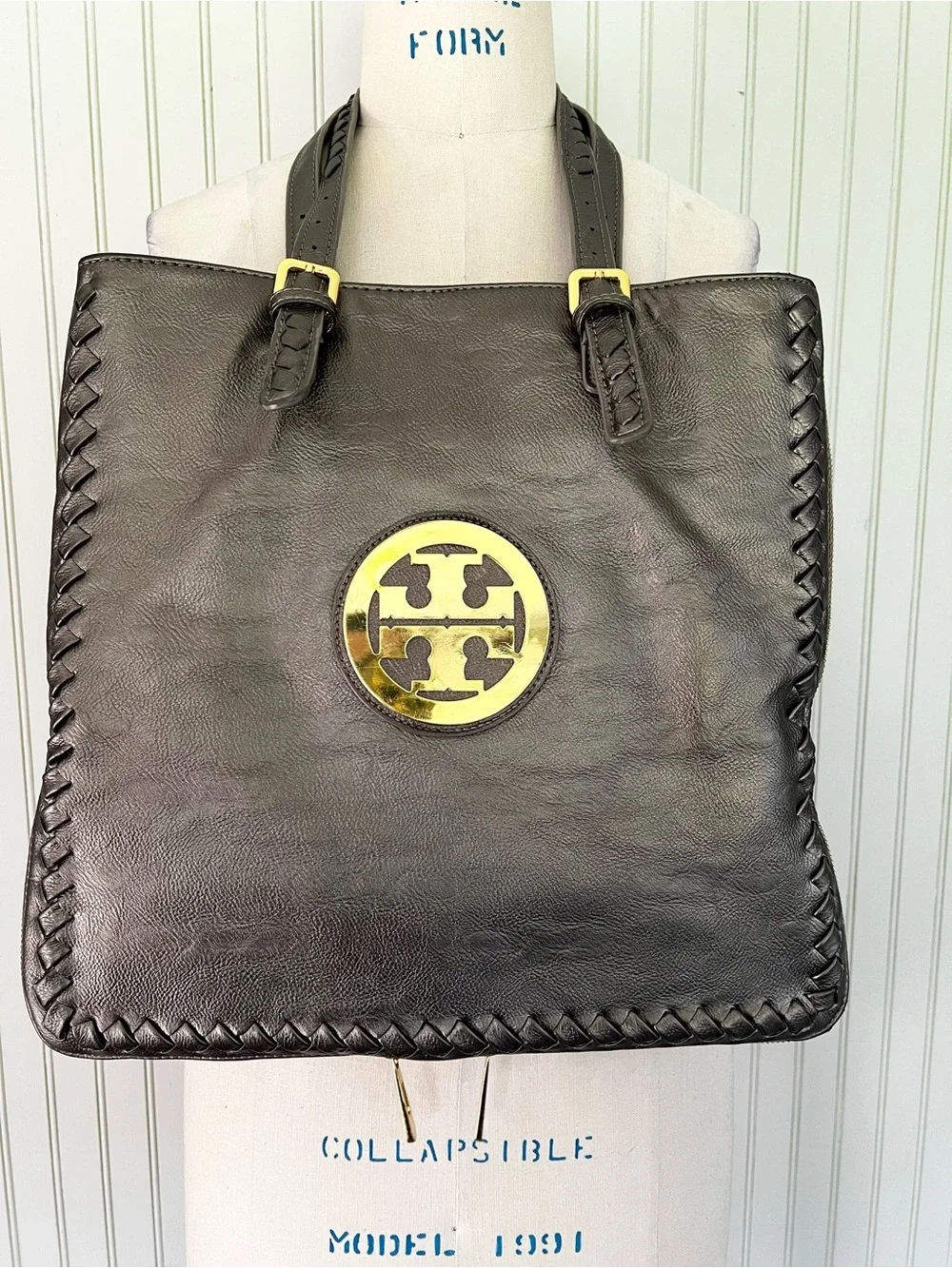 Tory Burch Metallic Gunmetal Expandable Tote bag with Wallet